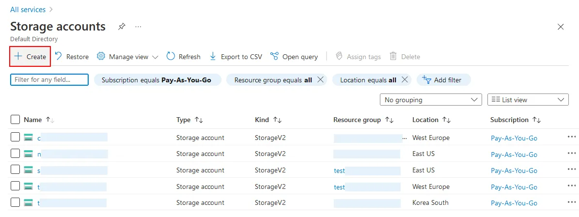 Creating a new Azure storage account