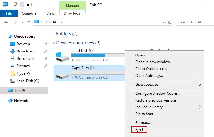 Eject the virtual disk after you have copied the files