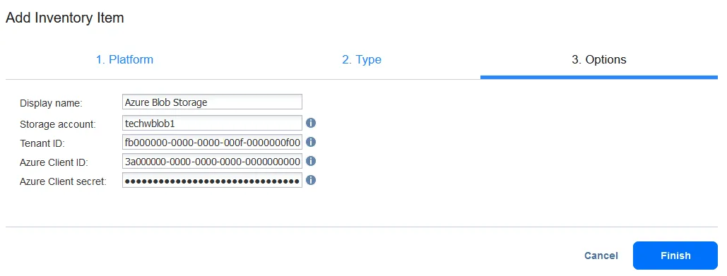 Selecting options for backup to Azure storage