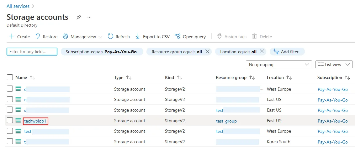 Selecting the Azure backup storage account