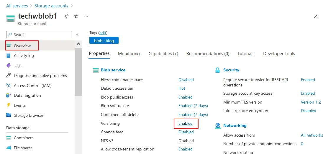 Versioning is enabled for Azure storage backups
