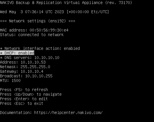 IP configuration of the NAKIVO virtual appliance