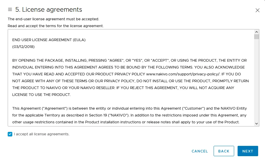 Reading the NAKIVO license agreement