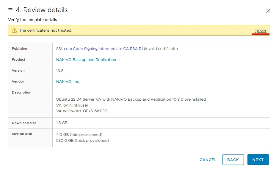 Reviewing details to deploy the NAKIVO virtual appliance