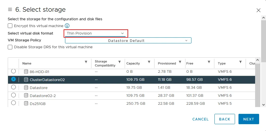 Selecting a datastore where to deploy the NAKIVO virtual appliance and virtual disk provisioning type
