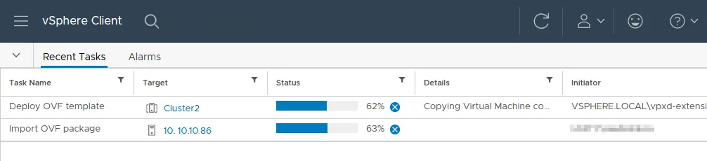 Viewing the deployment progress of the NAKIVO virtual appliance