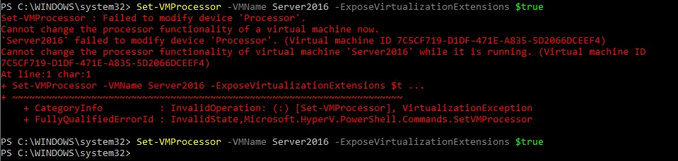 Hyper-V enable nested virtualization - enabling processor virtualization features for a VM