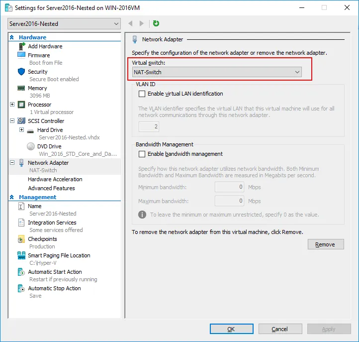 Selecting the virtual switch created to connect the VMs through NAT
