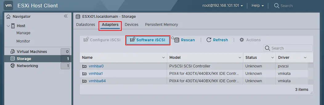 Hinzufügen eines neuen Software-iSCSI-Adapters für einen VMware ESXi-Host in VMware vSphere Client