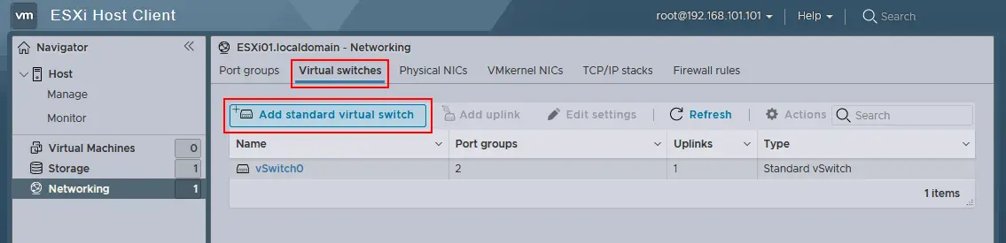 Hinzufügen eines neuen virtuellen Switches auf einem VMware ESXi-Host von VMware Host Client