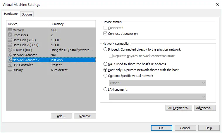 Hinzufügen eines zweiten virtuellen Netzwerkadapters, der mit dem Host-only-Netzwerk verbunden ist