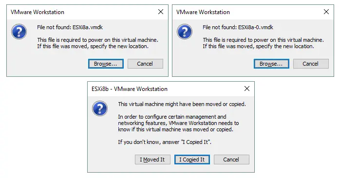 Durchsuchen von virtuellen Festplatten-Dateien beim Öffnen einer virtuellen Maschine in VMware Workstation