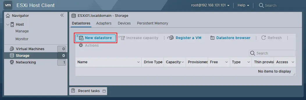 Erstellen eines neuen direkt angeschlossenen Datenspeichers auf einem ESXi-Host