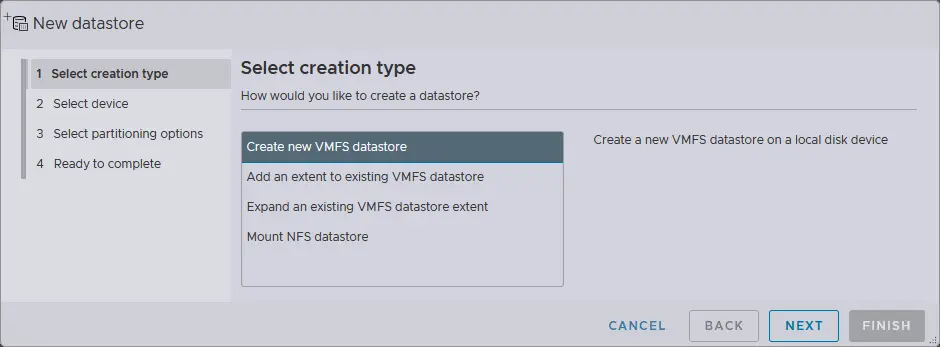 Erstellen eines neuen VMFS-Datenspeichers