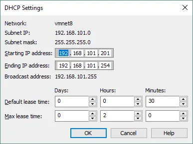DHCP-Einstellungen im Virtuellen Netzwerk Editor geöffnet