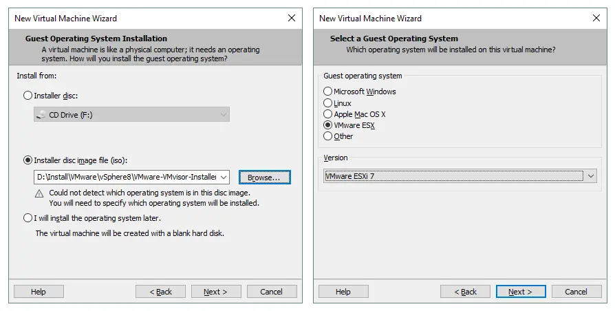 Wählen Sie das Installations-Festplatten-Image und ein Gastbetriebssystem für die Erstellung einer VM aus.