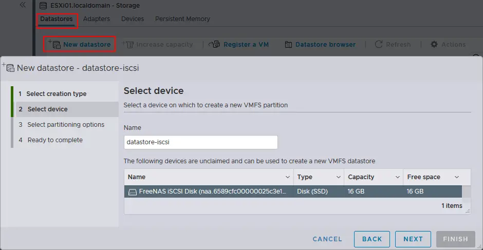 Auswahl der iSCSI-Festplatte zum Erstellen eines neuen Datenspeichers auf dem ESXi-Host