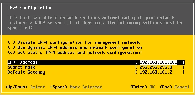 Festlegen der statischen IPv4-Adresse und Netzwerk-Konfiguration für einen ESXi-Server