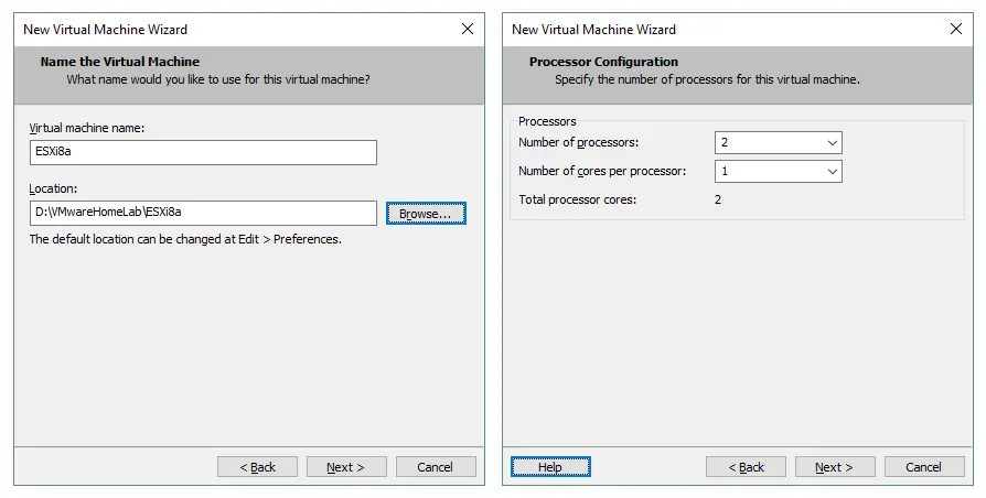 Festlegen des VM-Namens und des Speicherorts für die neue VM sowie Festlegen der Prozessorkonfiguration