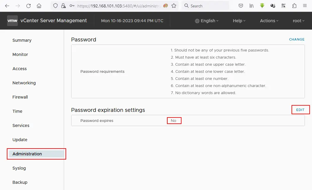Festlegen der Einstellungen für das Ablaufen von Passwörtern für die Verwaltung von vCenter Server Appliance (VCSA)
