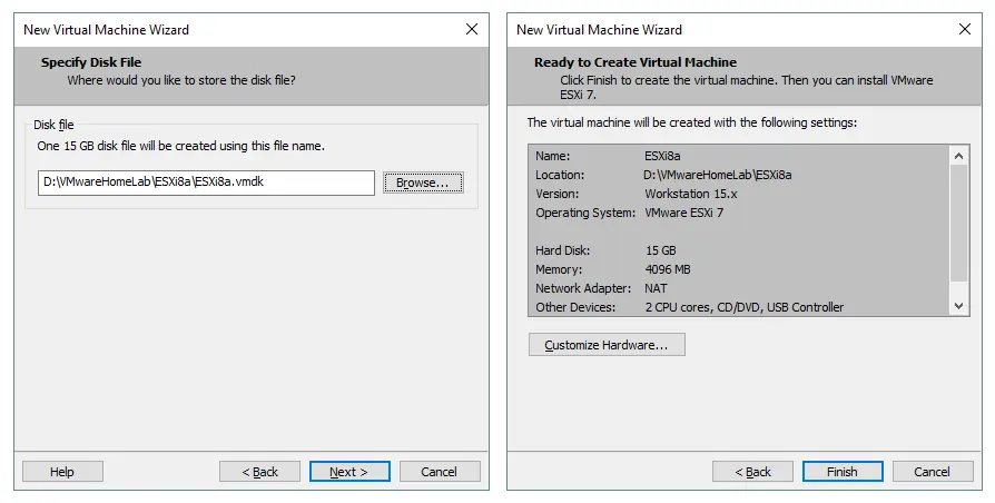 Festlegen des Standorts für die virtuelle Festplattendatei und Überprüfen der Einstellungen zum Erstellen einer neuen VM