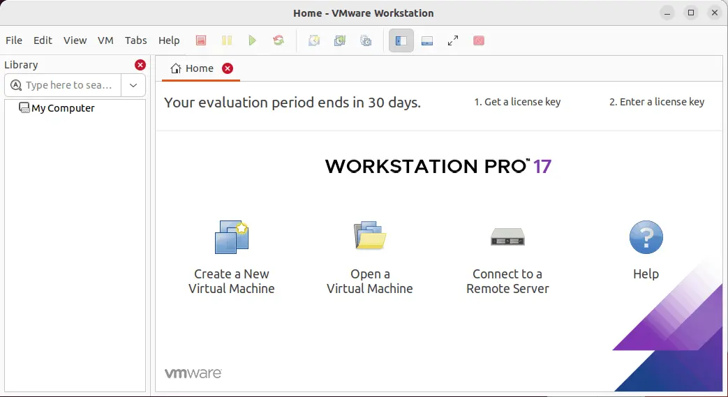 Die Benutzeroberfläche von VMware Arbeitsstation 17 für Linux