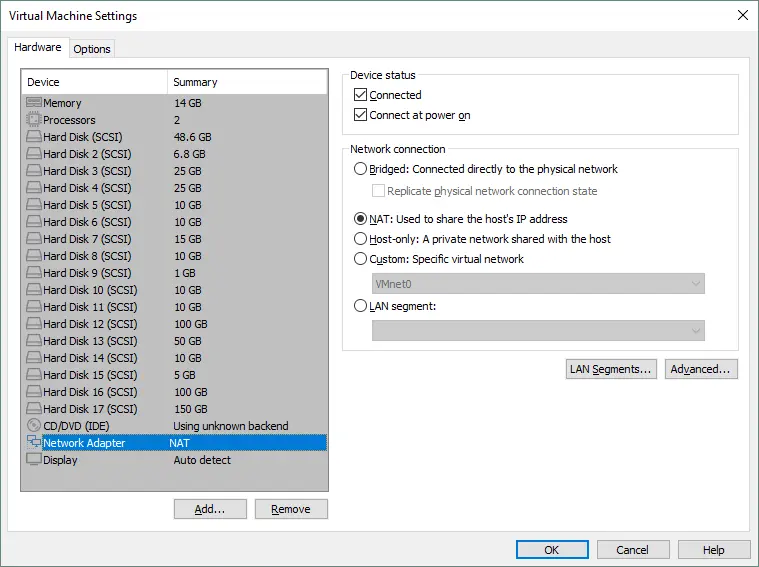 Der vCenter Server muss mit dem virtuellen NAT-Netzwerk im beschriebenen VMware-Heimlabor verbunden sein.