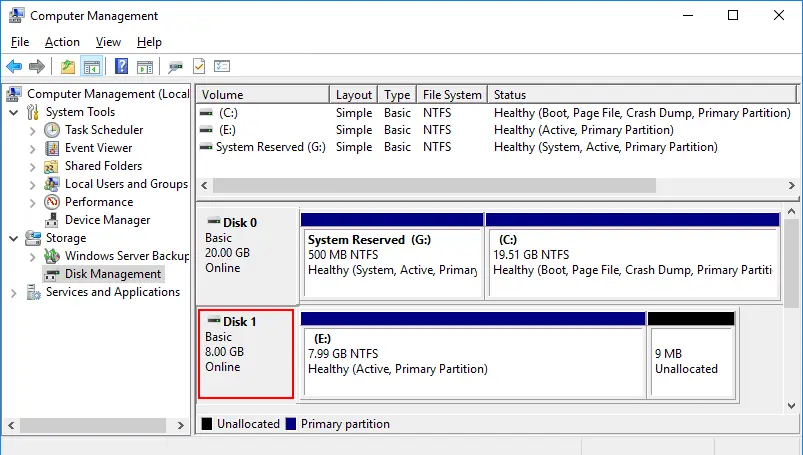 A virtual disk is attached to the healthy Windows VM and a partition is mounted successfully