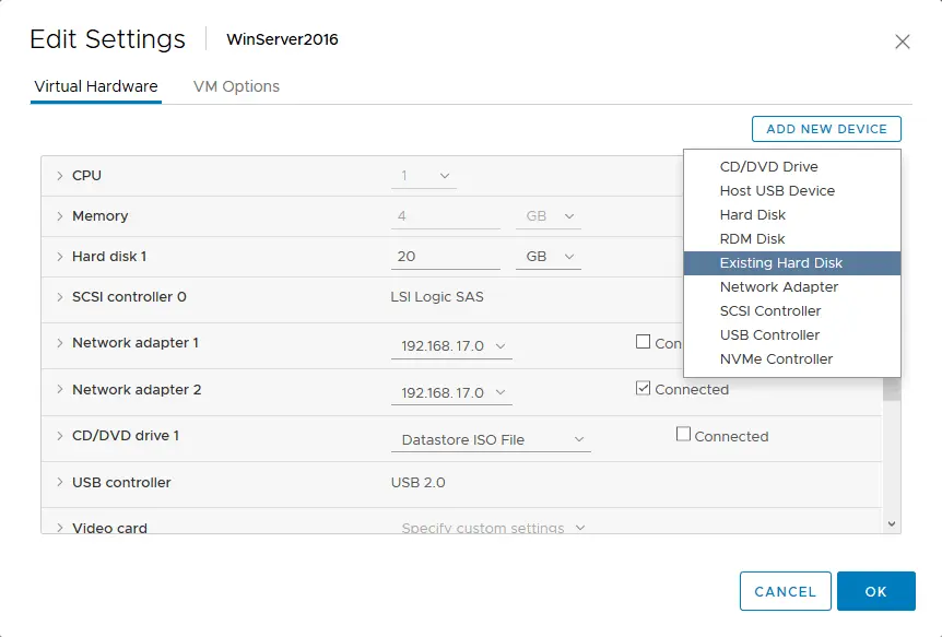 Adding a virtual disk to the healthy VM in vCenter