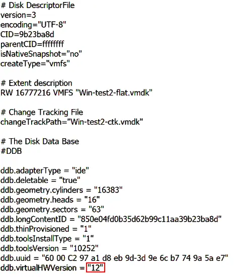 Editing a virtual disk descriptor vmdk file