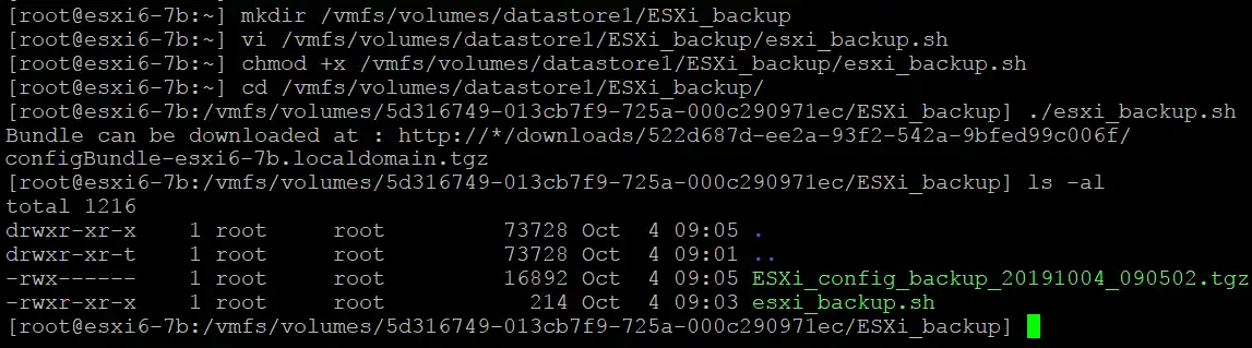Un fichier de sauvegarde de la configuration ESXi est créé.