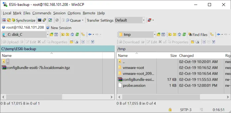 Copie de l'archive de sauvegarde de la configuration ESXi vers l'hôte ESXi de destination