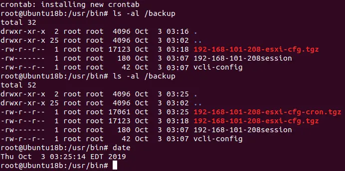 La configuration ESXi à sauvegarder est enregistrée automatiquement.