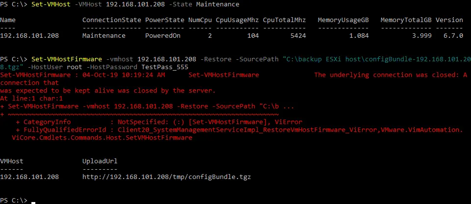 La configuration ESXi subit une récupération dans PowerCLI.