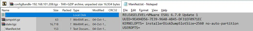L'UUID ESXi est stocké dans le fichier Manifest.txt situé dans le fichier configBundle.tgz.