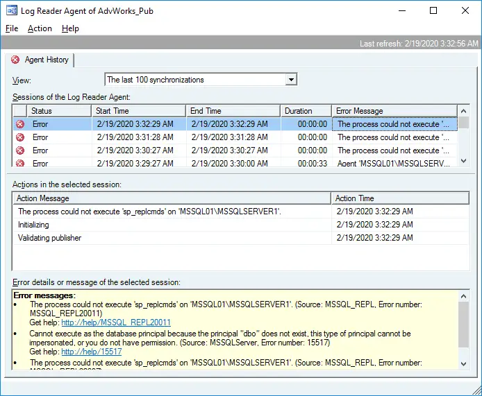 Viewing the Log Reader Agent history to fix errors