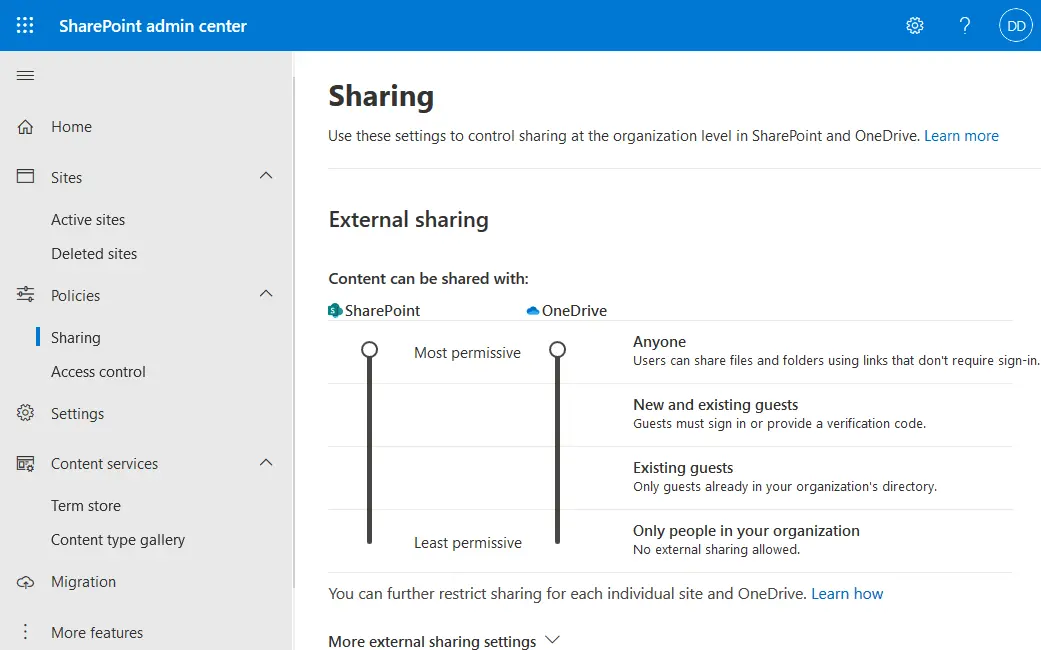 Configuring sharing settings at the organization level