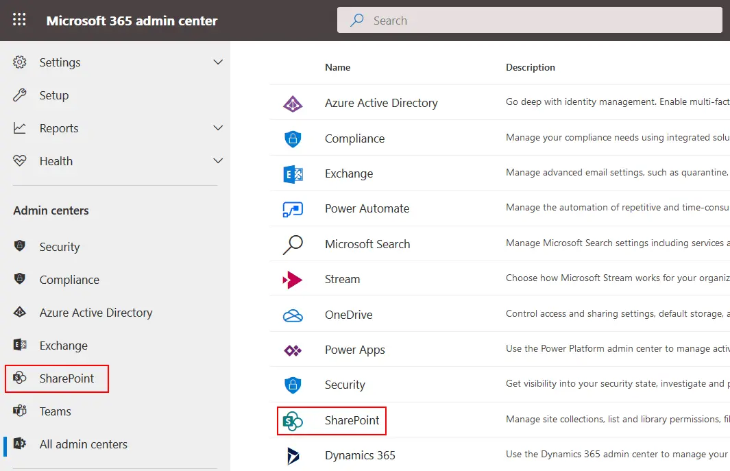 How to open the SharePoint admin center