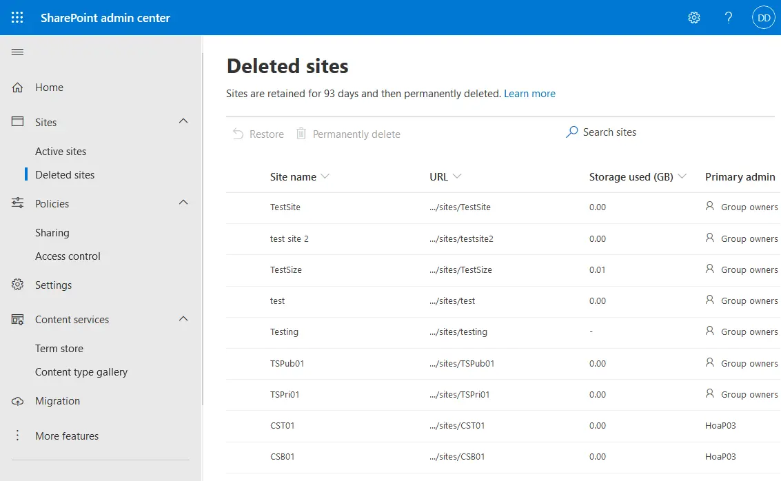 Recover deleted sites or delete them permanently