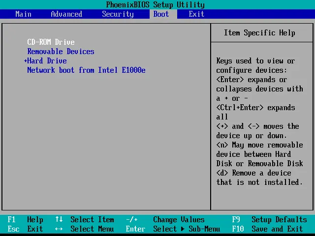 BIOS settings of a VMware virtual machine – boot devices