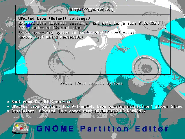 Booting from the GParted live CD and selecting boot options