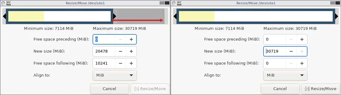 Changing disk partition size in GParted