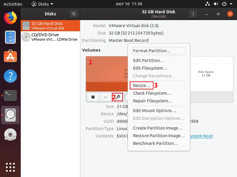 Changing disk partition size in Ubuntu with the Disks utility
