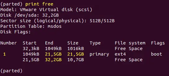 Checking free (unpartitioned) disk space in parted