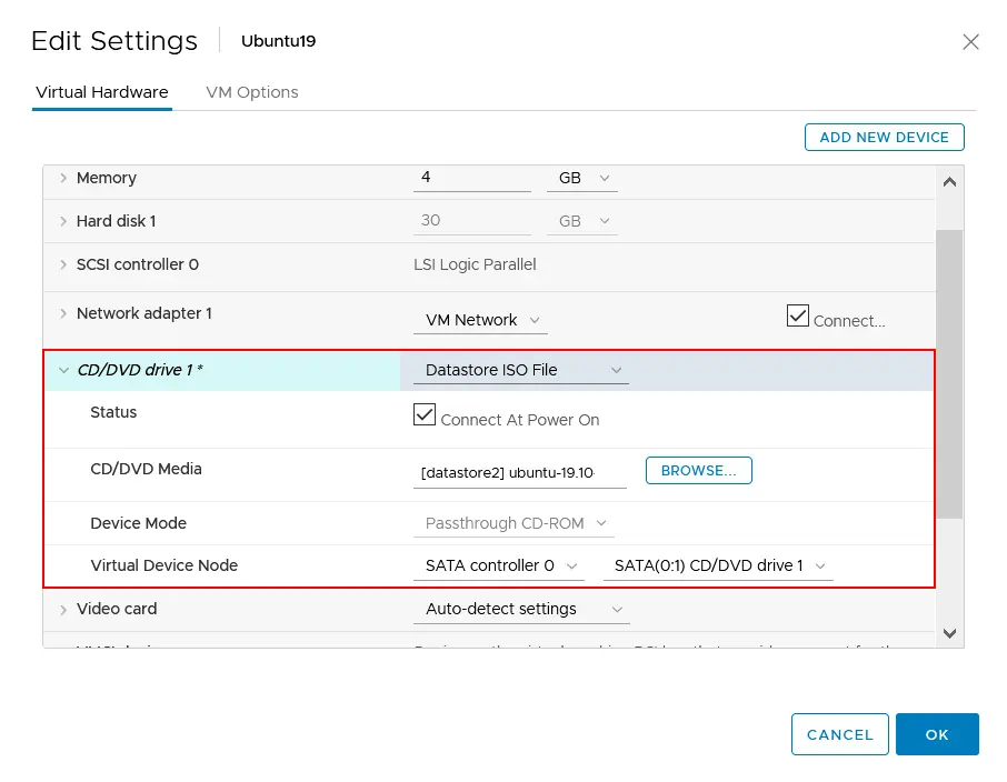Configuring virtual DVD settings in VMware vSphere Client
