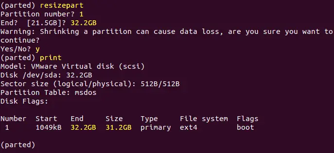 How to extend partitions in parted running on Ubuntu
