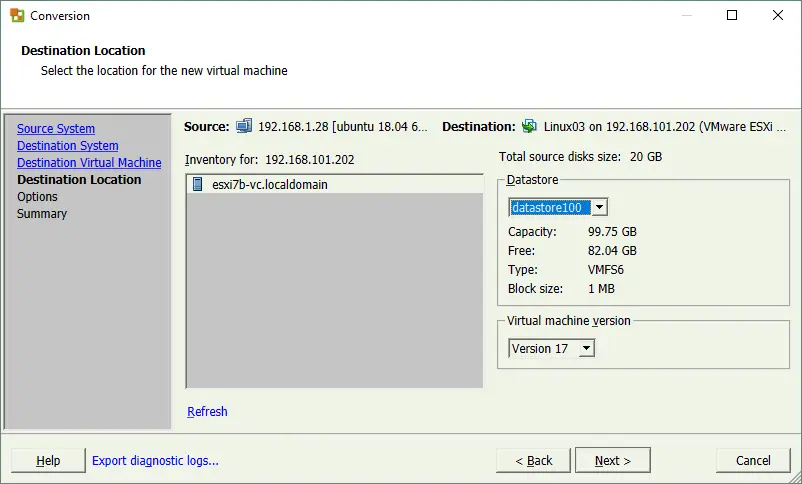 Selecting a datastore to store the Linux VM
