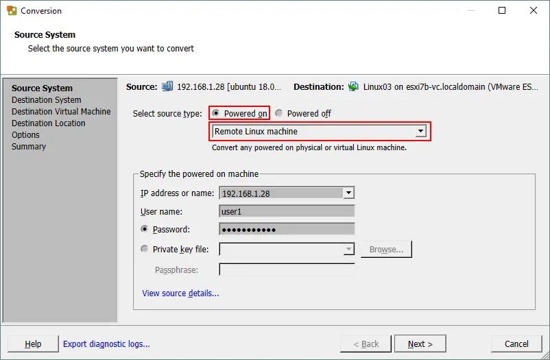 Selecting a remote Linux machine in the VMware converter