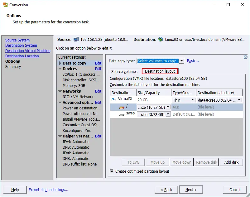 Selecting the Destination layout tab to adjust disk partition size of the Linux VM