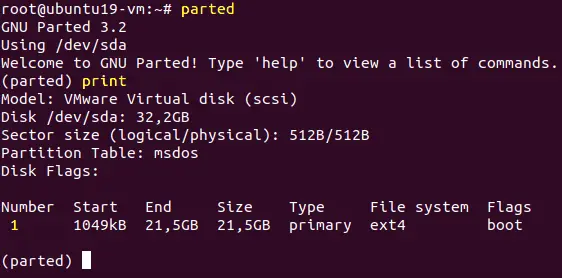 Viewing disk partitions with parted in Linux